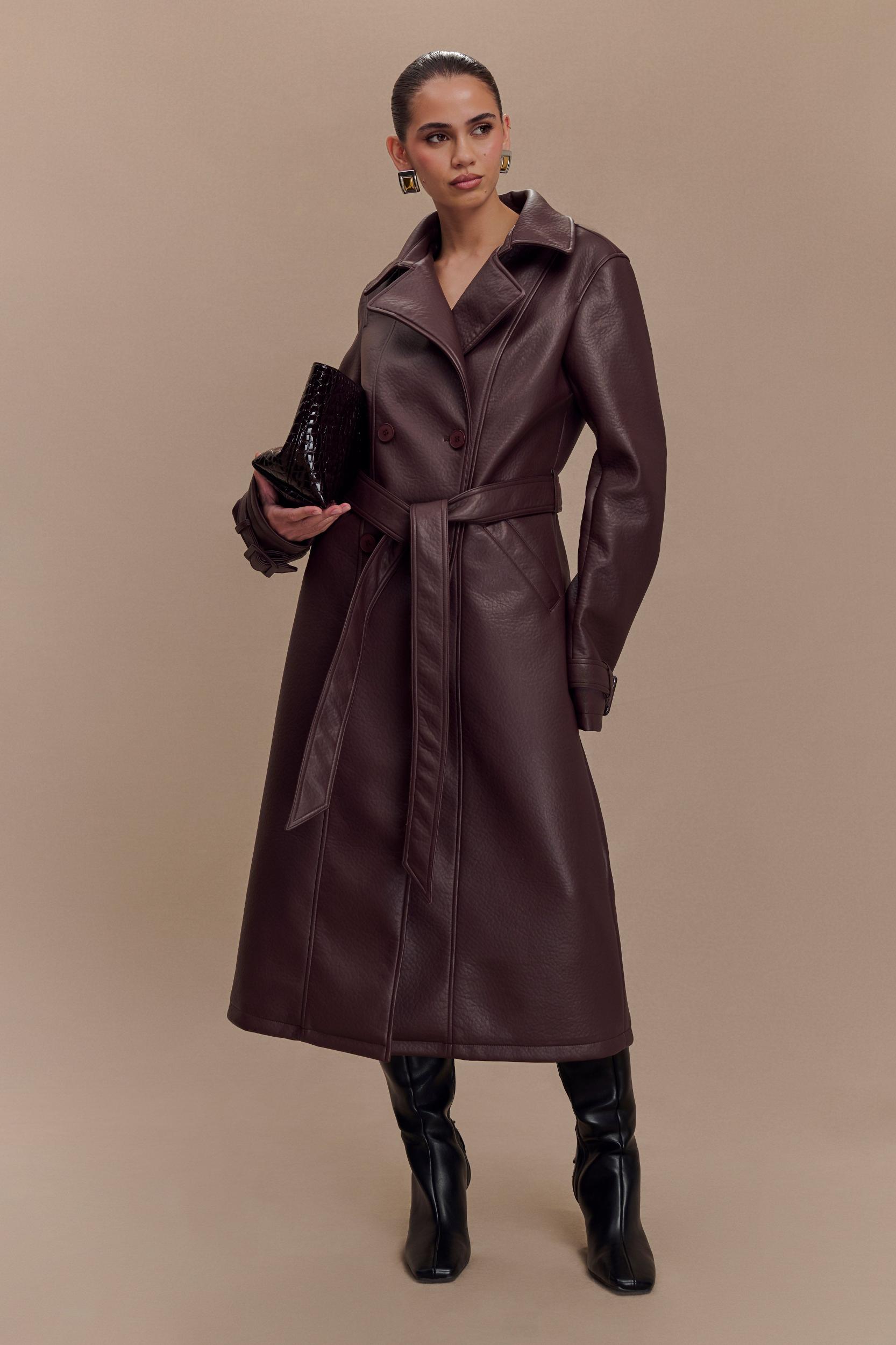 Tarah Faux Leather Trench Coat - Cacao Brown Product Image