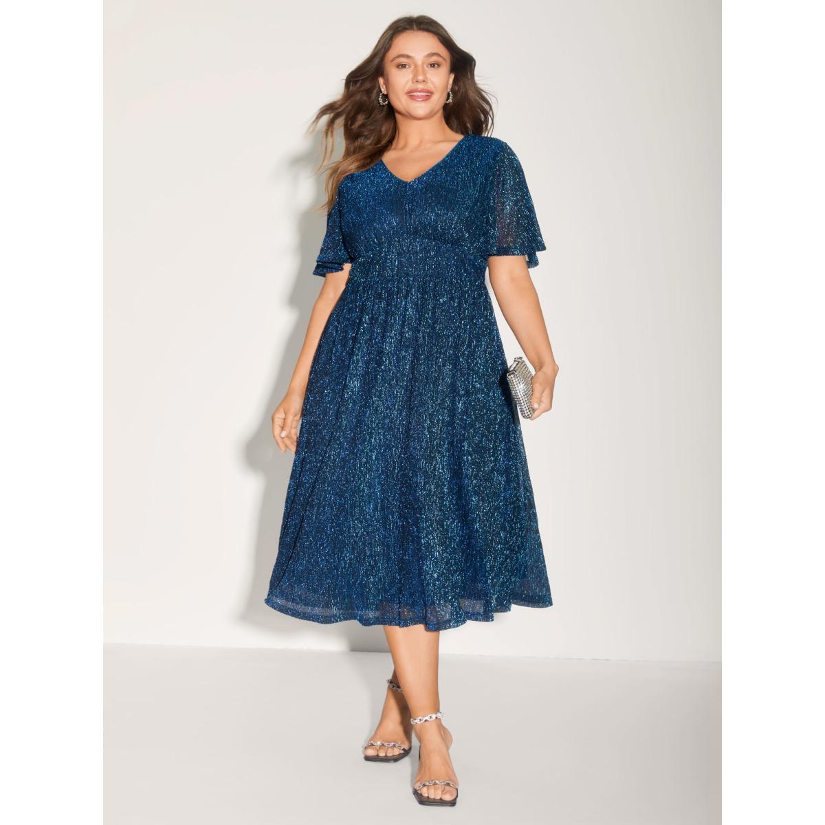 Plus Size Shimmery Silk Cinched-Waist Midi Dress Cerulean Women Non Short sleeve Curvy BloomChic 18-20/2X Product Image