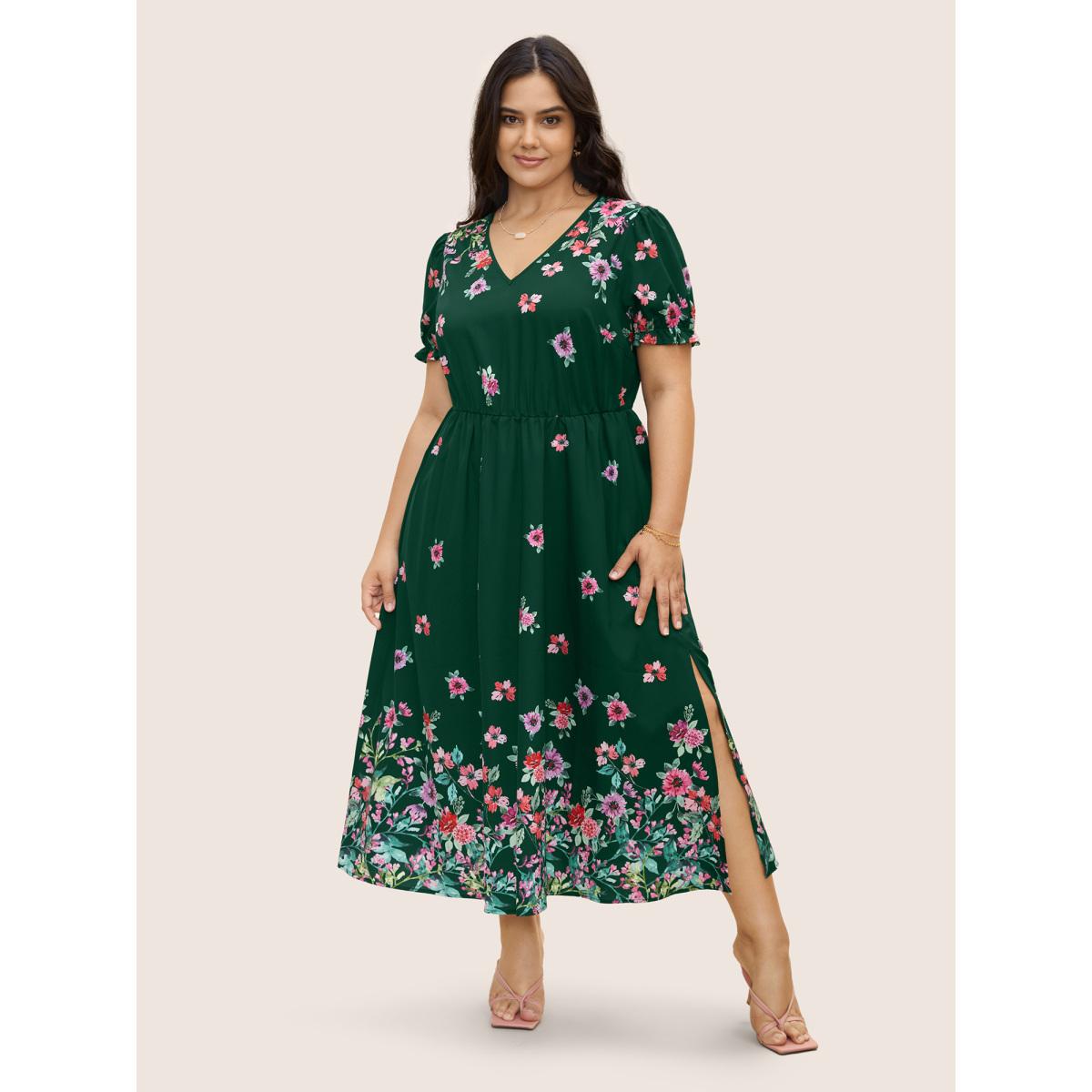 Plus Size Boho Print V Neck Elastic Waist Dress DarkGreen Women Elegant Gathered V-neck Short sleeve Curvy BloomChic 18-20/2X Product Image