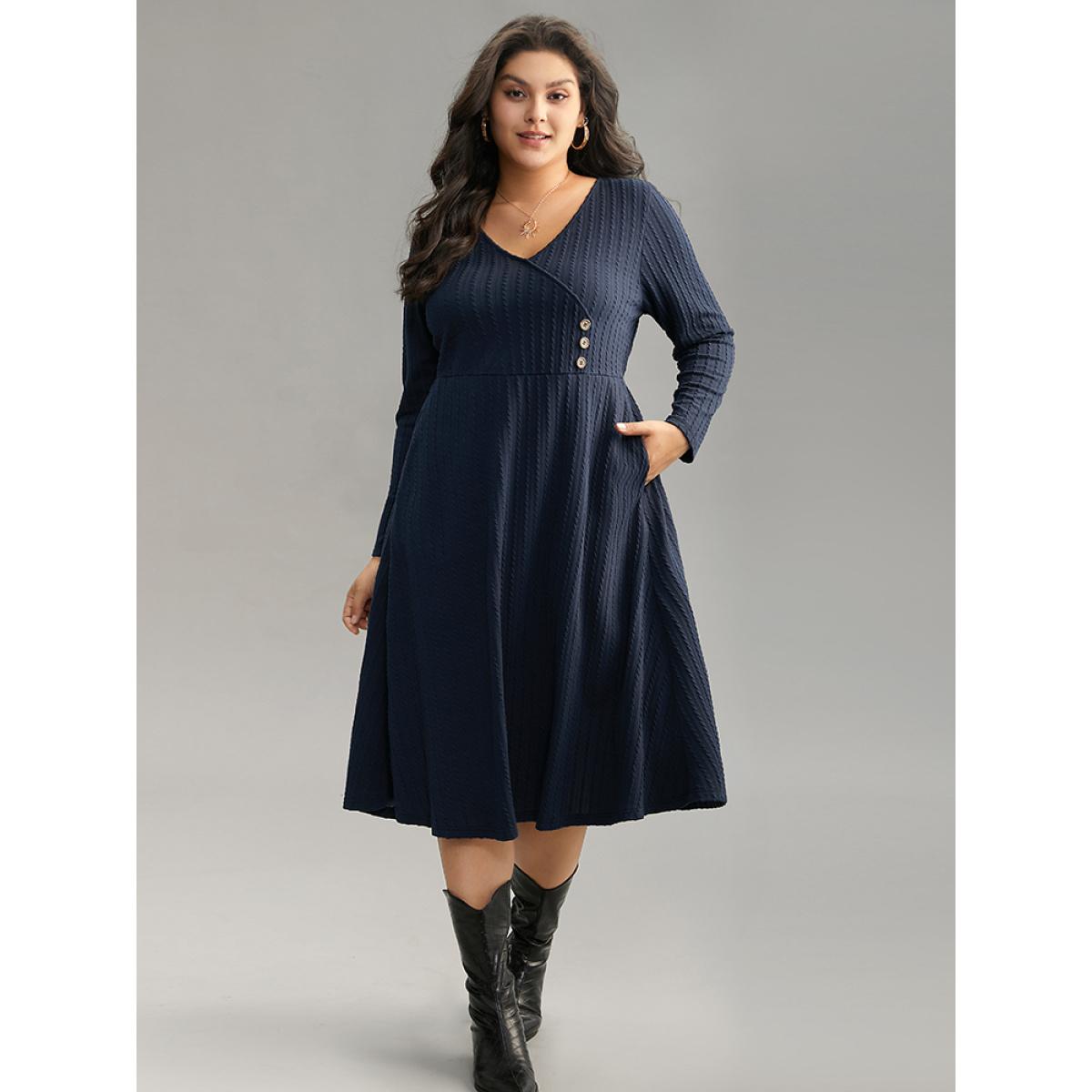 Plus Size Solid Appliques Button Detail Elastic Waist Dress Midnight Women Casual Texture Deep V-neck Long Sleeve Curvy Midi Dress BloomChic 12/L Product Image