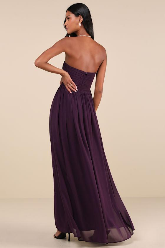 Luxe Favorite Dark Purple Strapless Ruched Maxi Dress Product Image