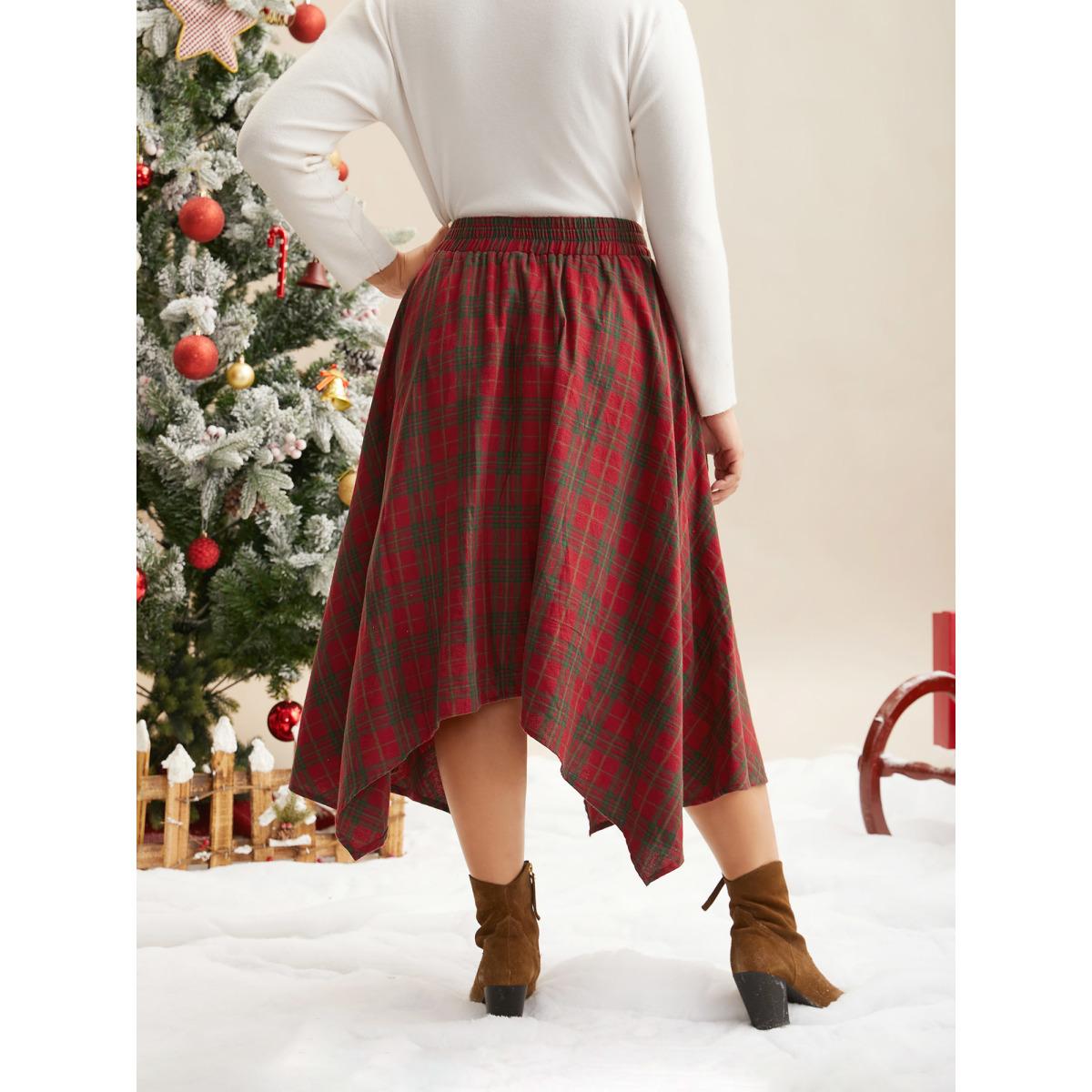 Plus Size Plaid Pattern Asymmetrical Hemline Midi Skirt Women Crimson Elegant Asymmetrical Loose No stretch Slanted pocket Everyday Skirts BloomChic 30/6X Product Image