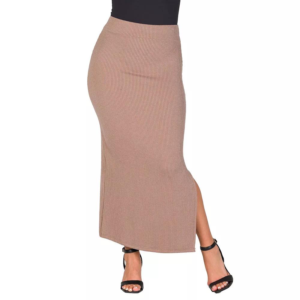 Women's 24Seven Comfort Apparel Ribbed Knit Side Slit Elastic Waist Maxi Skirt, Size: Small, Brown Product Image
