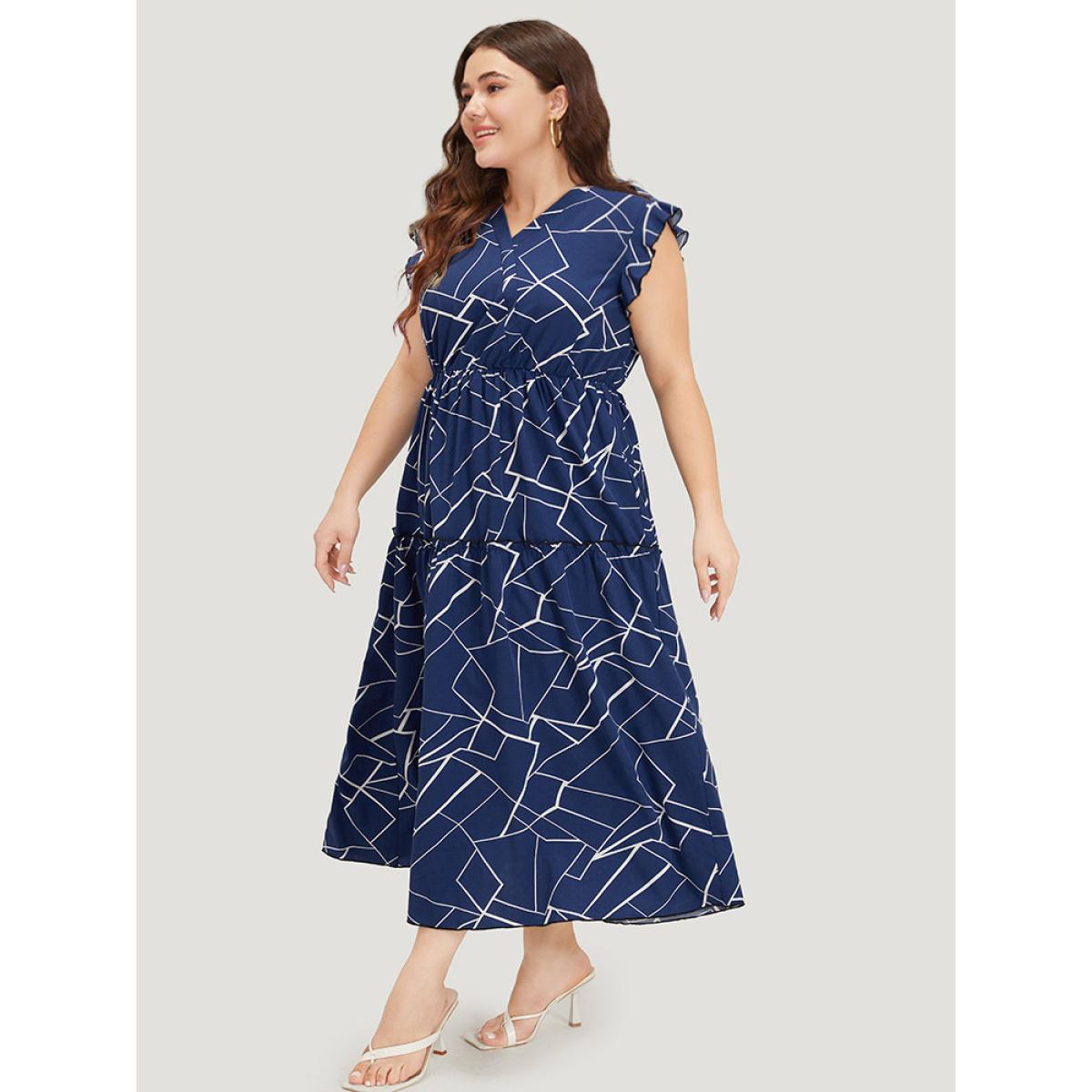 Plus Size Geometric Print Ruffle Cap Sleeve Wrap Layered Hem Dress Black Women Office Printed V-neck Cap Sleeve Curvy Long Dress BloomChic 12/L Product Image