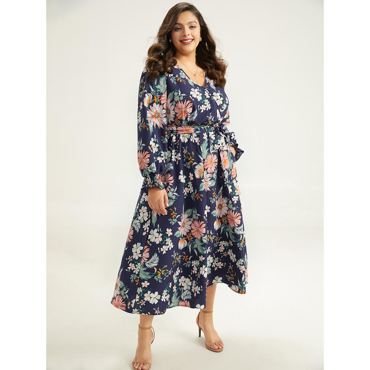 Plus Size Floral Print Overlap Collar Shirred Dress DarkBlue Women Elegant Belted V-neck Long Sleeve Curvy Midi Dress BloomChic 14-16/1X Product Image