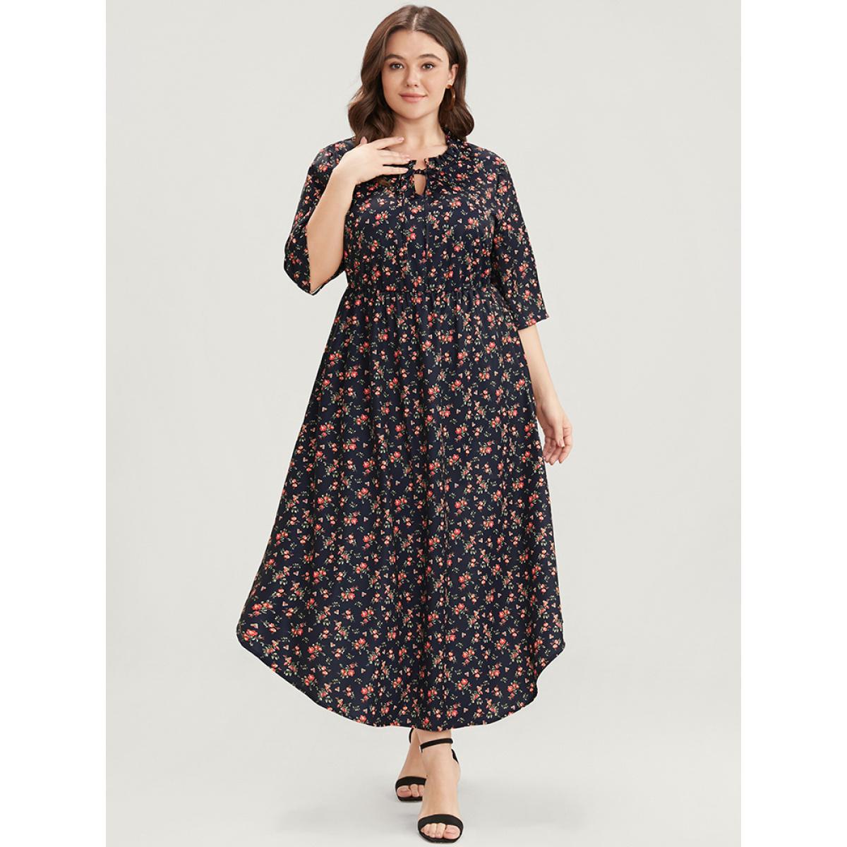 Plus Size Ditsy Floral Frill Trim Tie Neck Pocket Arc Hem Dress DarkBlue Women Elegant Cross straps Round Neck Half Sleeve Curvy Midi Dress BloomChic 22-24/3X Product Image