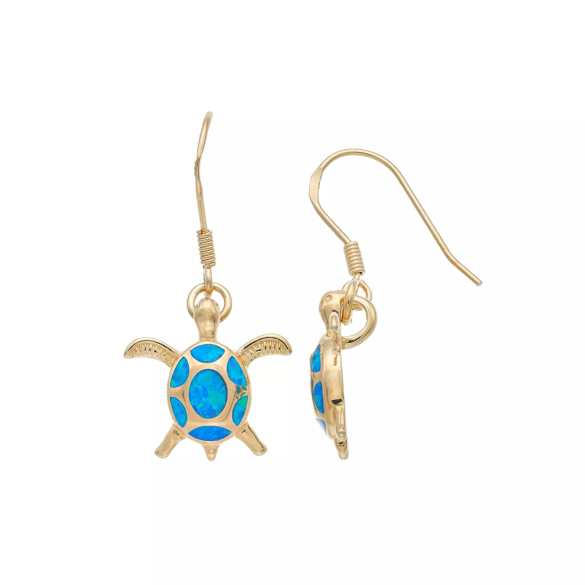 14k Gold Over Silver Lab-Created Blue Opal Turtle Drop Earrings, Women's, Gold Tone Product Image