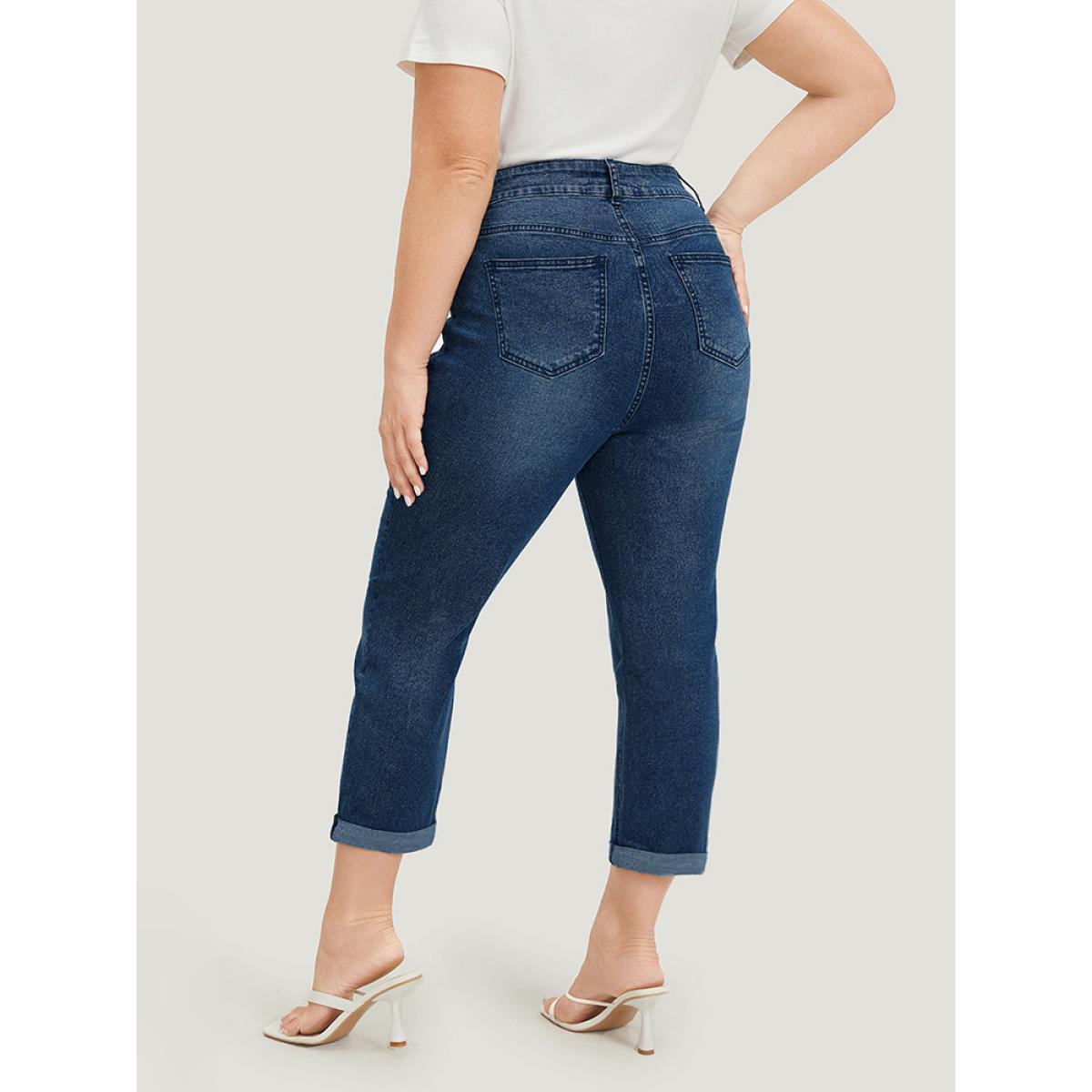 Plus Size Ripped Embroidered Roll Hem Very Stretchy Jeans Women Stone Casual Plain Distressed High stretch Pocket Jeans BloomChic 10/M Product Image