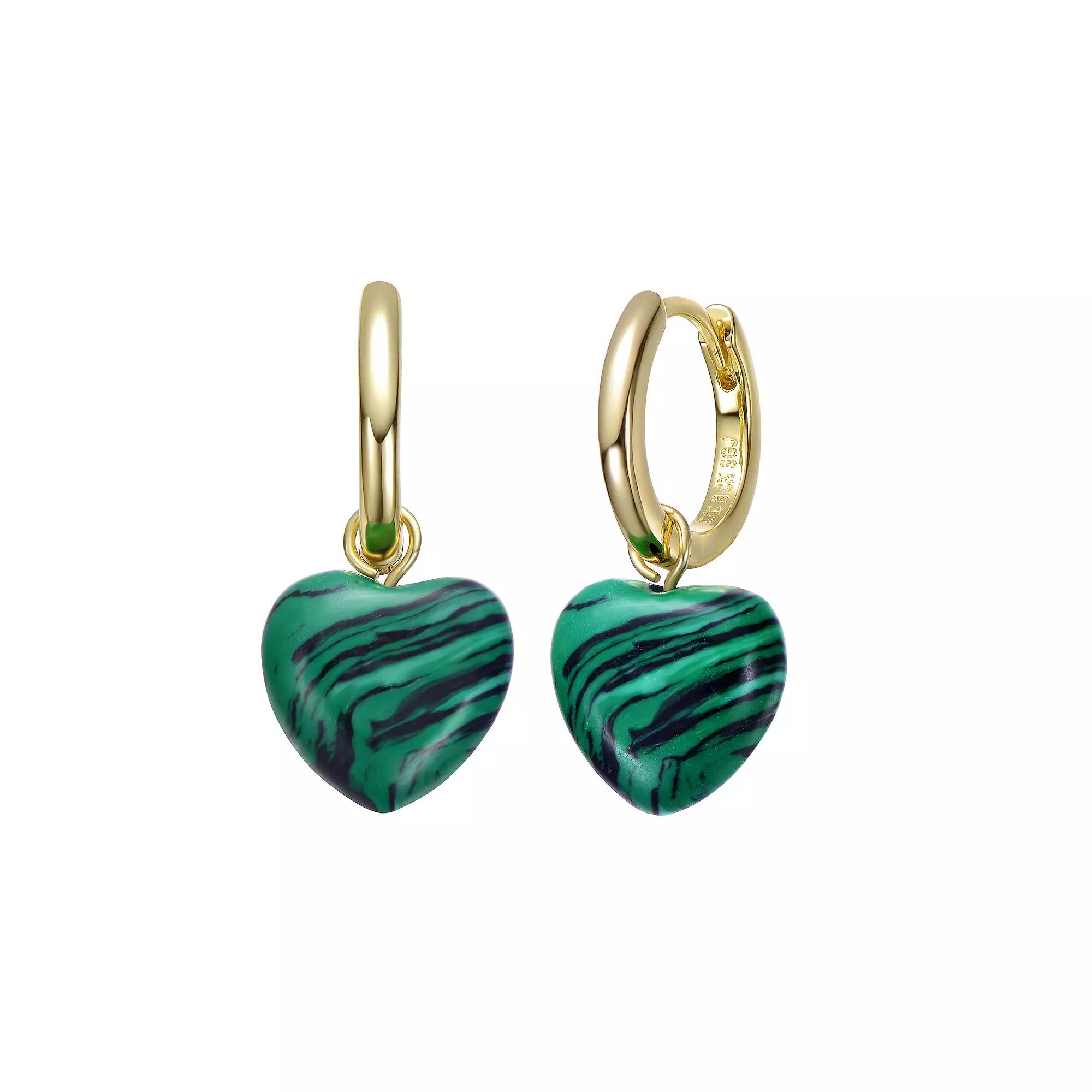 Gold Tone Simulated Malachite Puffed Heart Dangle Earrings, Women's Product Image