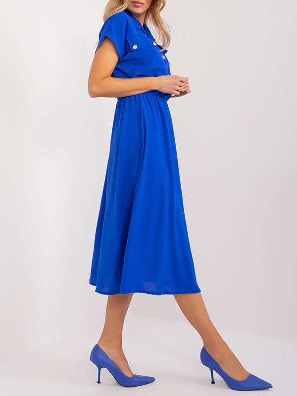 A-Line High Waisted Buttoned Pleated Solid Color Lapel Midi Dresses Product Image