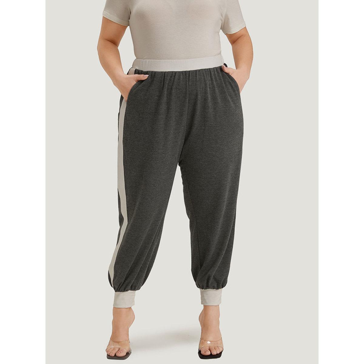 Two Tone Patchwork Pocket Elastic Waist Sweatpants Gray Plus Size Women Elegant Dailywear Contrast 12/L Bloomchic Product Image