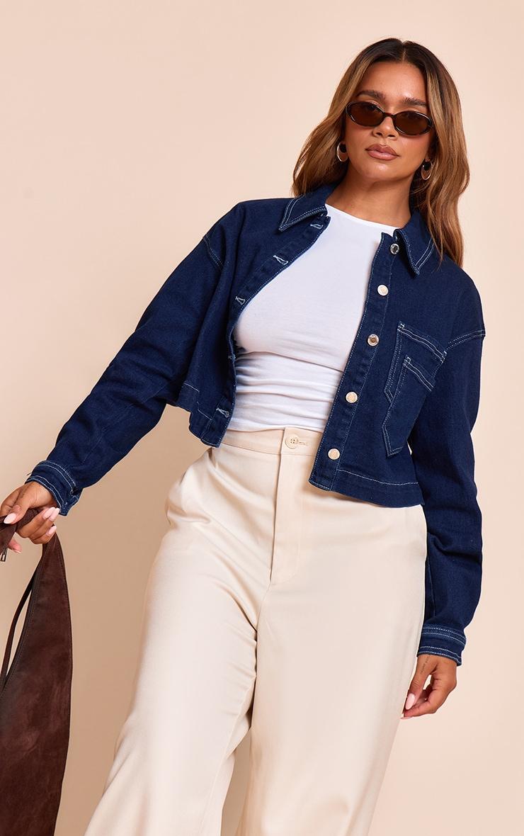 Shape Indigo Stretch Denim Double Pocket Cropped Jacket Product Image