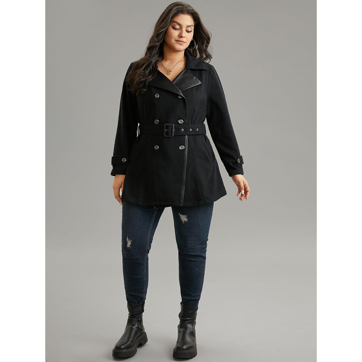Plus Size PU Leather Patchwork Lapel Collar Double Breasted Belted Coat Women Black Casual Belted Ladies Dailywear Winter Coats BloomChic 12/L Product Image
