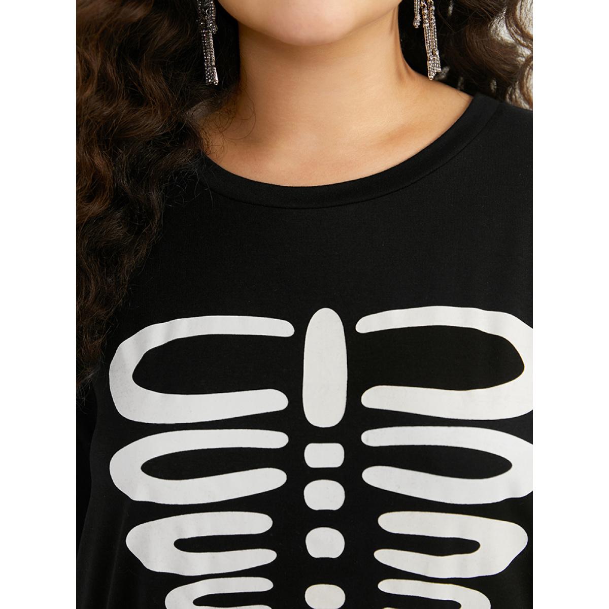 Plus Size Halloween Skull Print Crew Neck T-shirt Black Women Casual Printed Halloween Round Neck Festival-Halloween T-shirts BloomChic 10/M Product Image