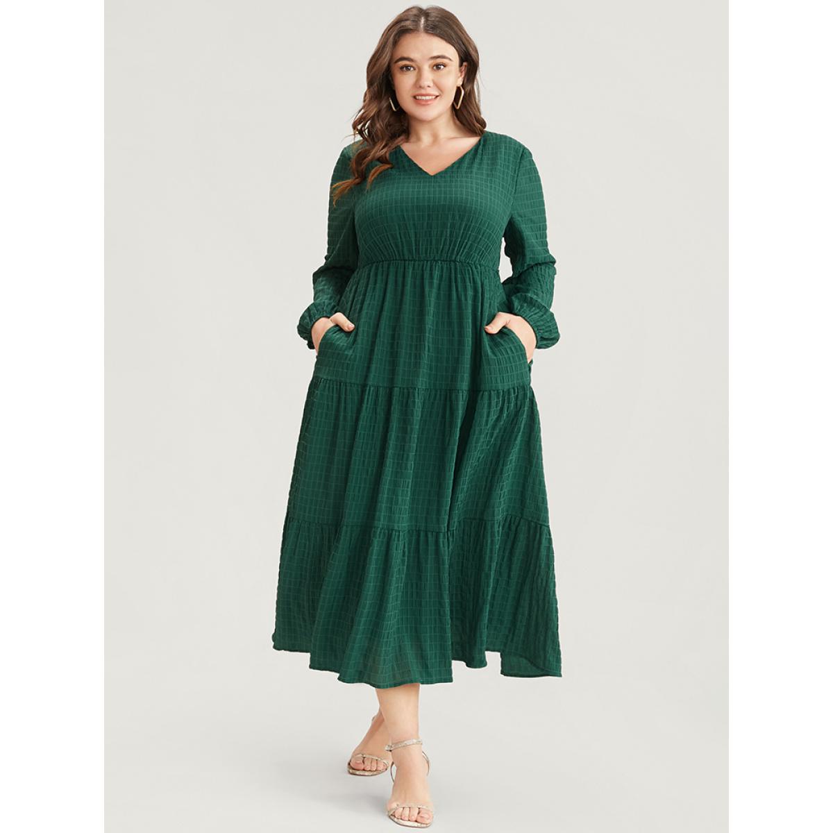 Plus Size Solid V Neck Lantern Sleeve Pocket Gingham Flutter Dress DarkGreen Women Elegant Pocket V-neck Long Sleeve Curvy Midi Dress BloomChic 22-24/3X Product Image