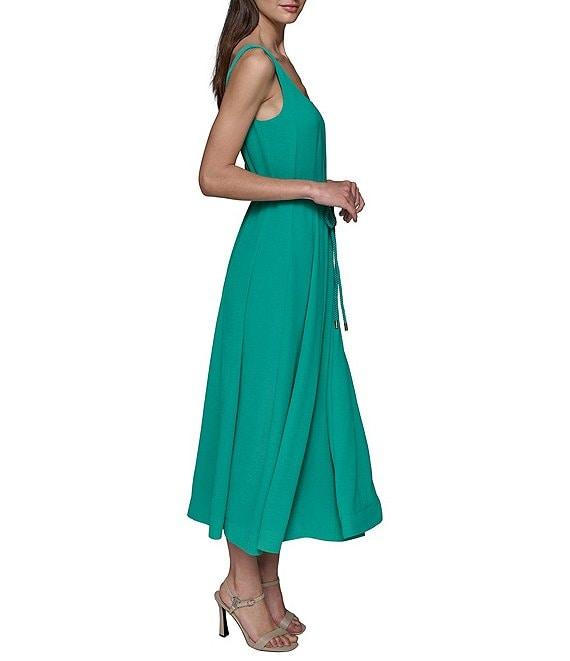 KARL LAGERFELD PARIS Twill Square Neck Sleeveless Belted Blouson Midi Dress Product Image