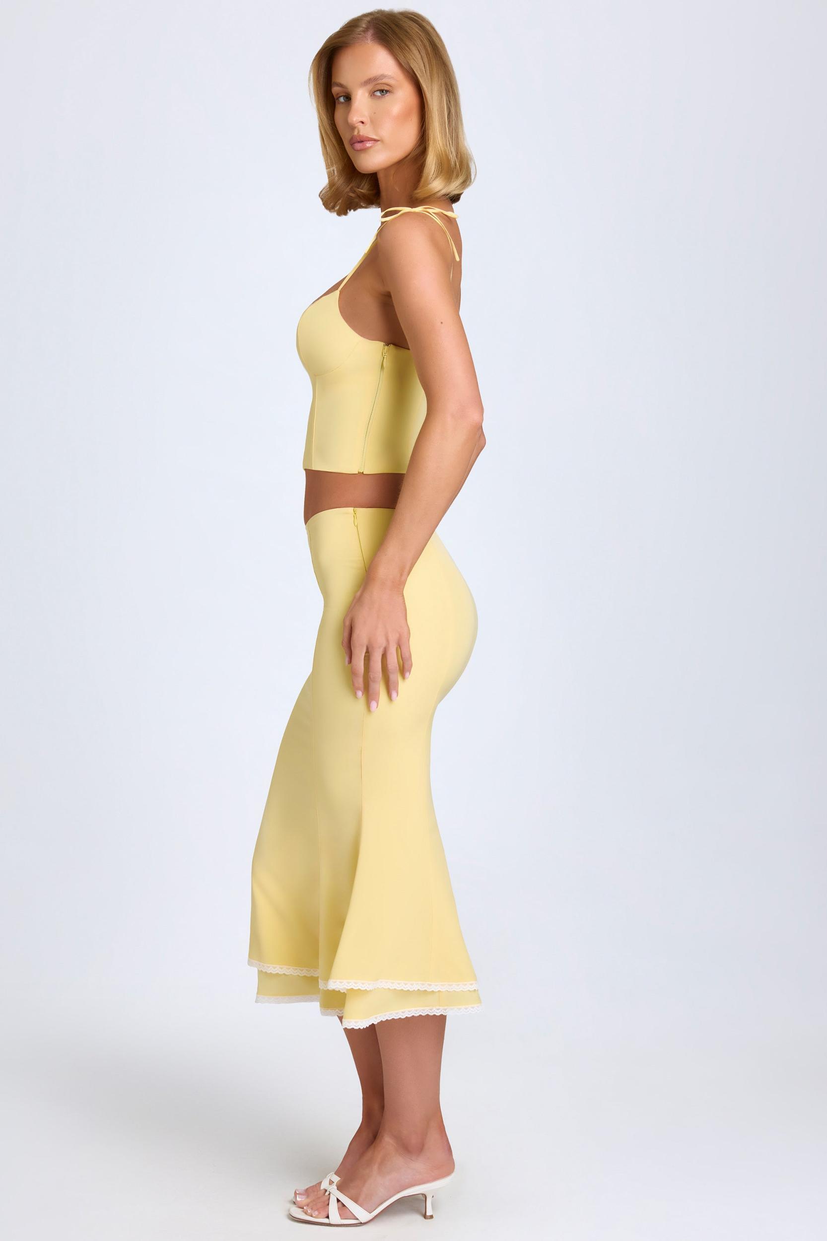 Lace-Trim Mid-Rise Midaxi Skirt in Pastel Yellow Product Image
