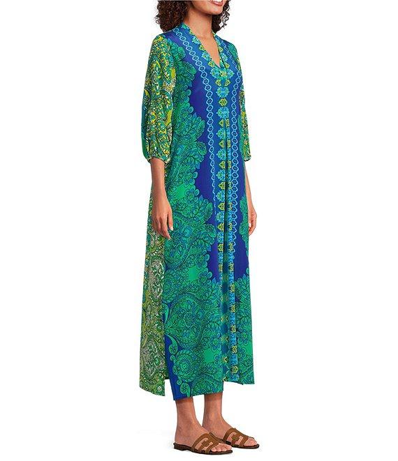 JOHNNY WAS Kahinu Silk Ornate Print V-Neck 3/4 Sleeve Maxi Caftan Dress Product Image