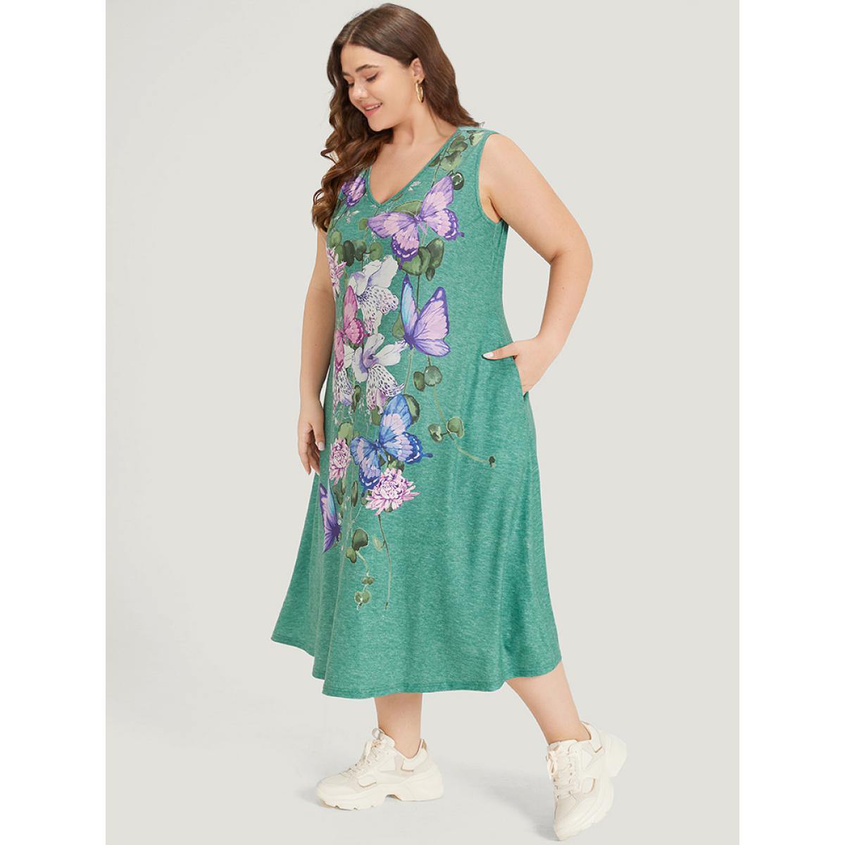 Plus Size Floral & Butterfly Print V Neck Pocket Tank Dress Mint Women Casual Printed V-neck Sleeveless Curvy Midi Dress BloomChic 14-16/1X Product Image