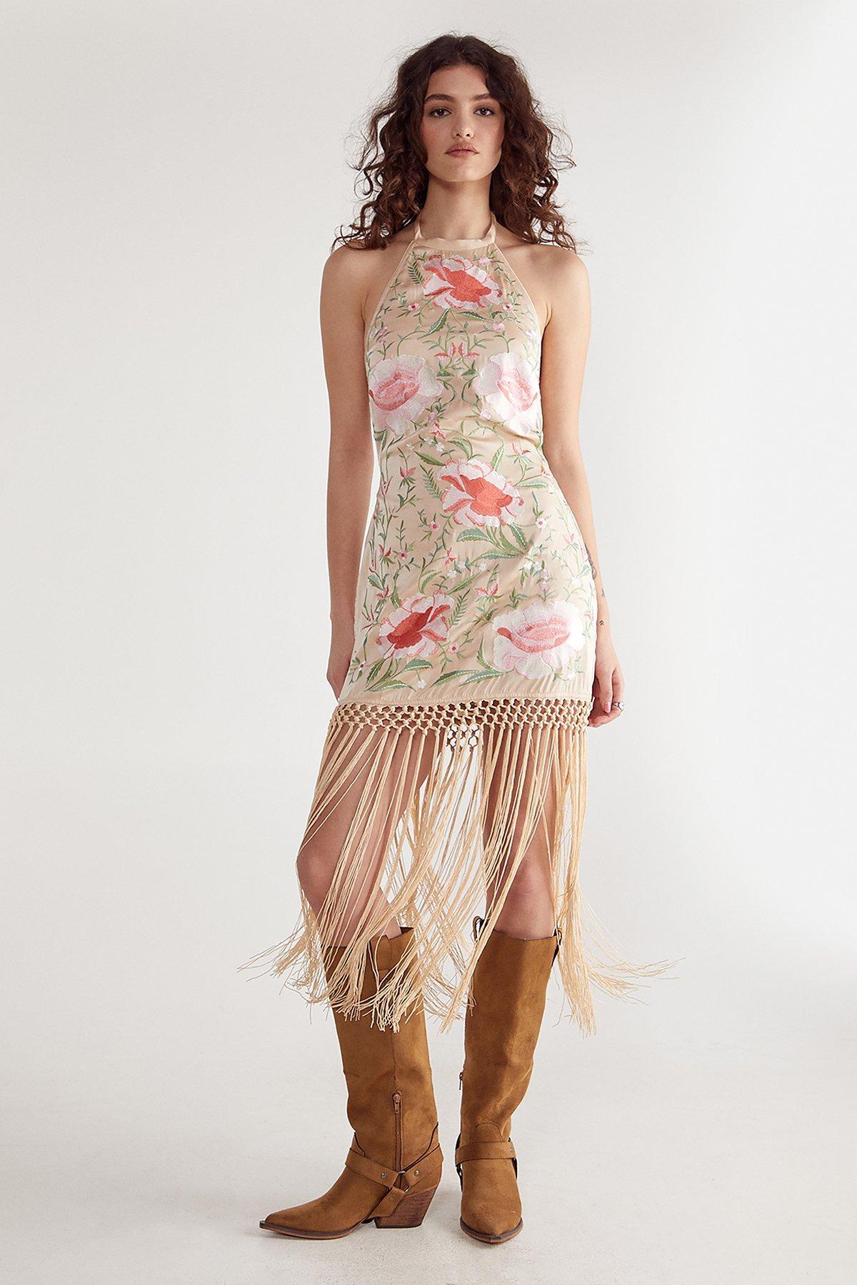 Limited Hand Embroidered Beaded Halter Fringe Mini Dress Product Image