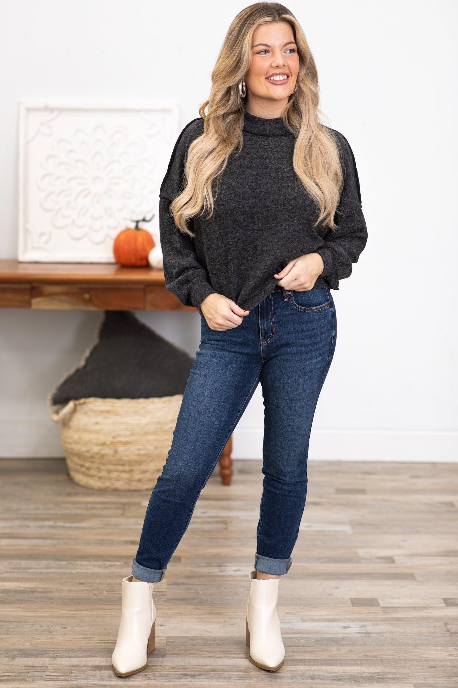 Charcoal Hacci Knit Mock Neck Top Product Image