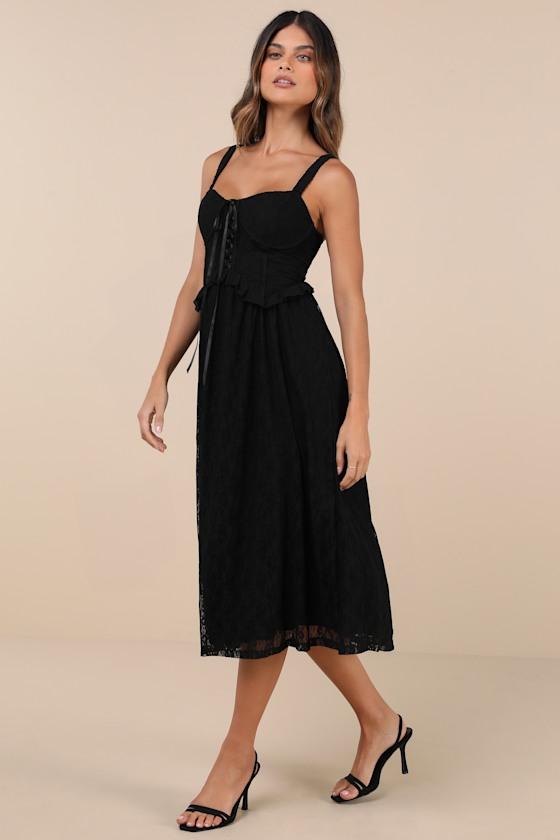 Romantic Option Black Lace Sleeveless Lace-Up Corset Midi Dress Product Image