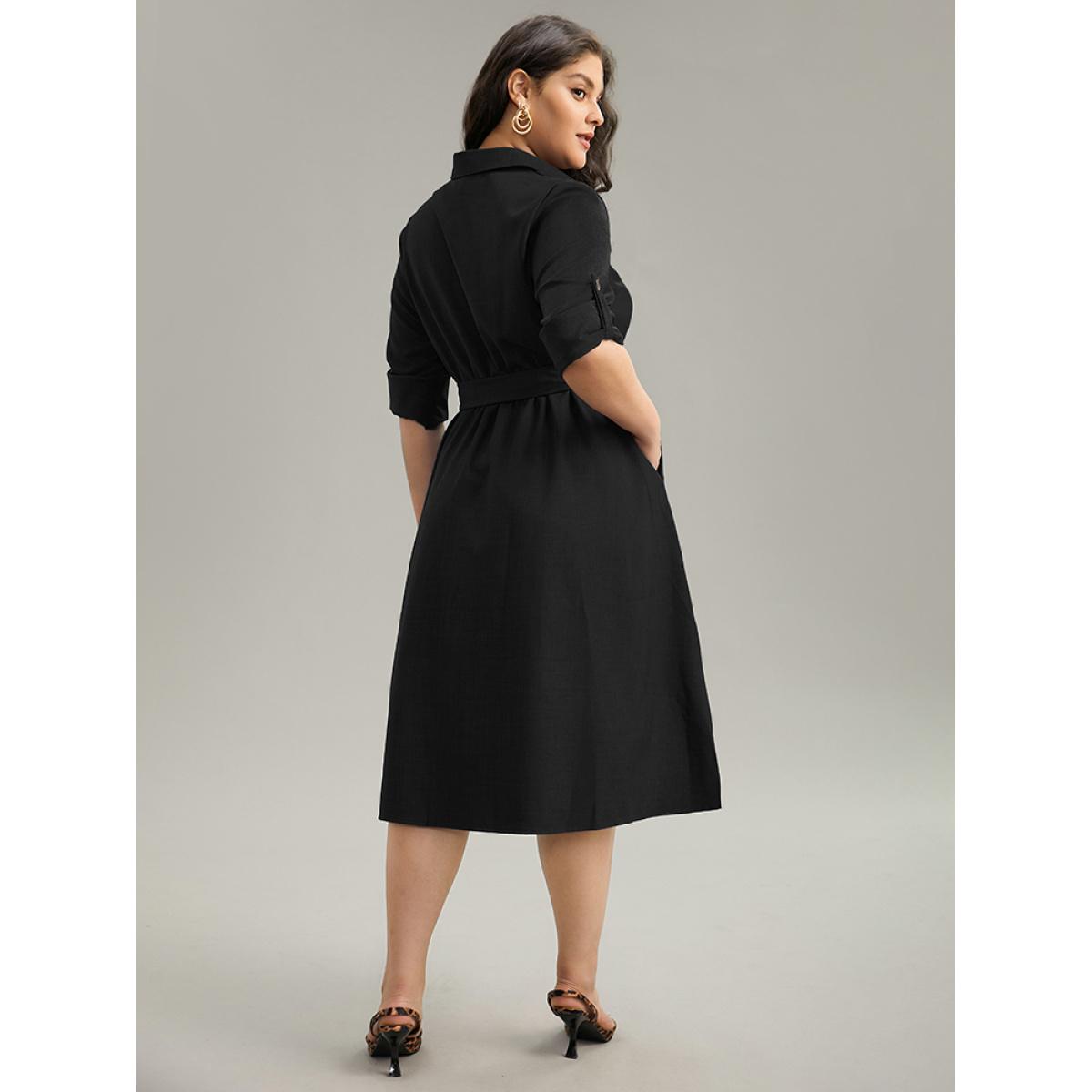 Plus Size Static-Free solid Belted Tab Sleeve Dress Black Women Office Plain Shirt collar Long Sleeve Curvy Midi Dress BloomChic 30/6X Product Image