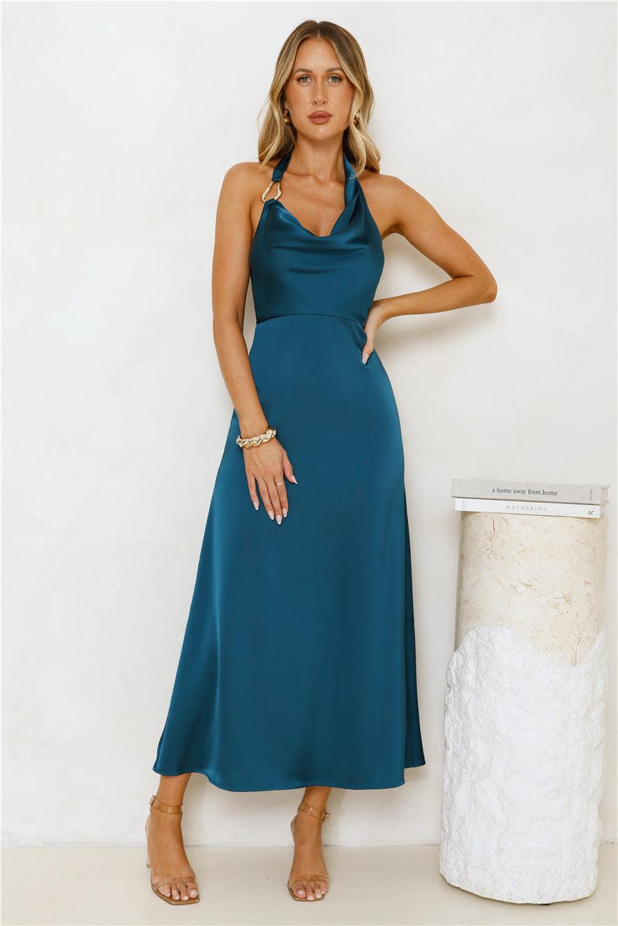 Night's Allure Satin Halter Maxi Dress Teal Product Image