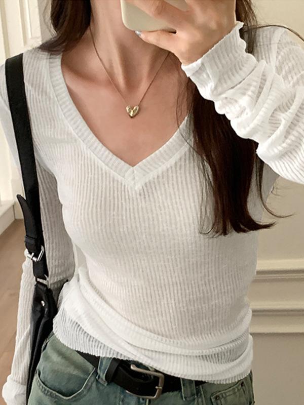 Ribbed V Neck Slim Long Sleeve Knit Product Image