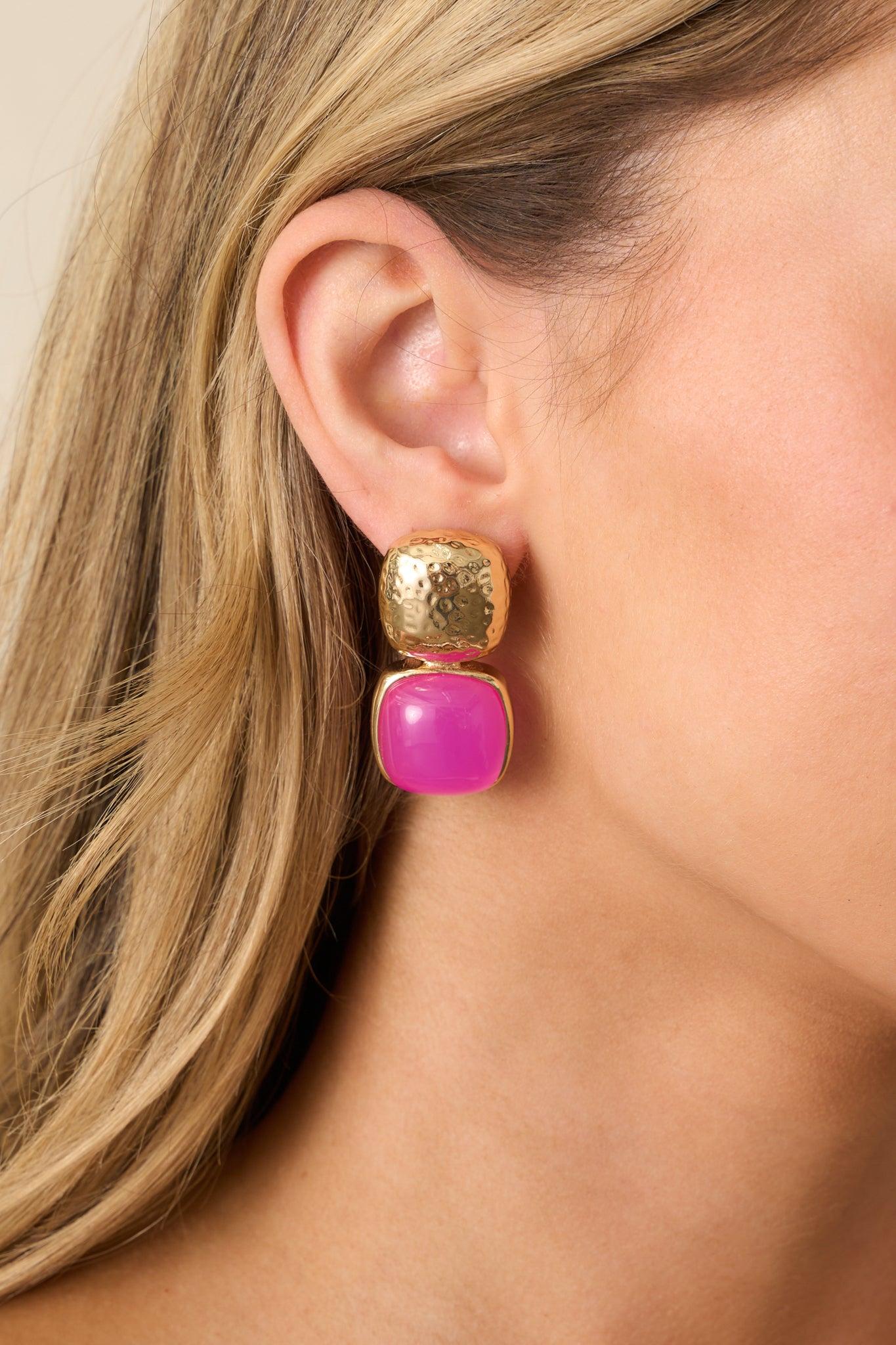 Blissful Days Pink Stone Gold Textured Drop Earrings Product Image