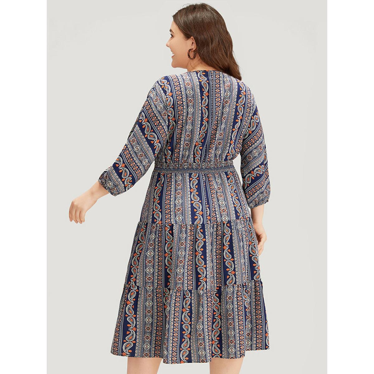 Plus Size Bandana Print Elastic Cuffs Layered Hem Dress DarkBlue Women Vacation Elastic cuffs V-neck Elbow-length sleeve Curvy Midi Dress BloomChic 22-24/3X Product Image