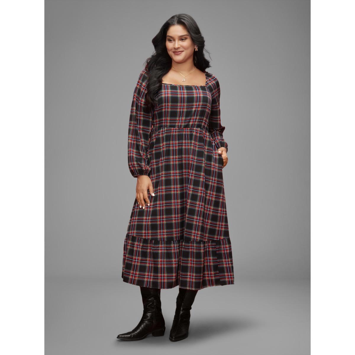 Plus Size Plaid Square Neckline Puffy Sleeve Midi Dress Black Women Elegant Non Square Neck Long Sleeve Curvy BloomChic 14-16/1X Product Image