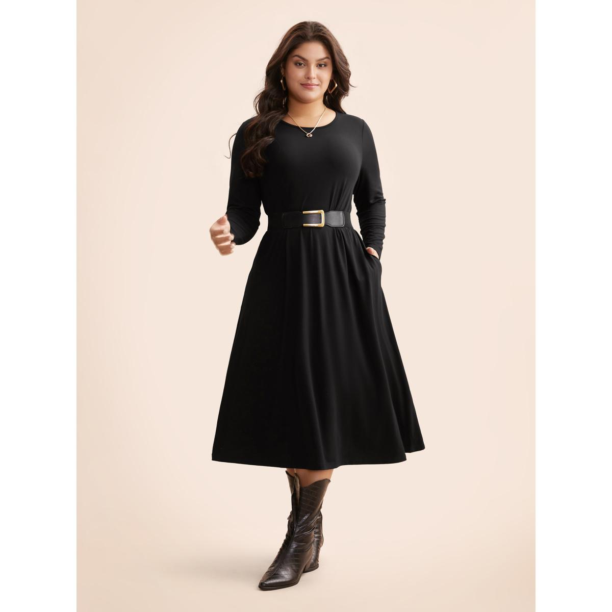Plus Size Crew Neck High Stretchy Knit Dress Black Women Casual Non Knit Dresses Bloomchic 12/L Product Image