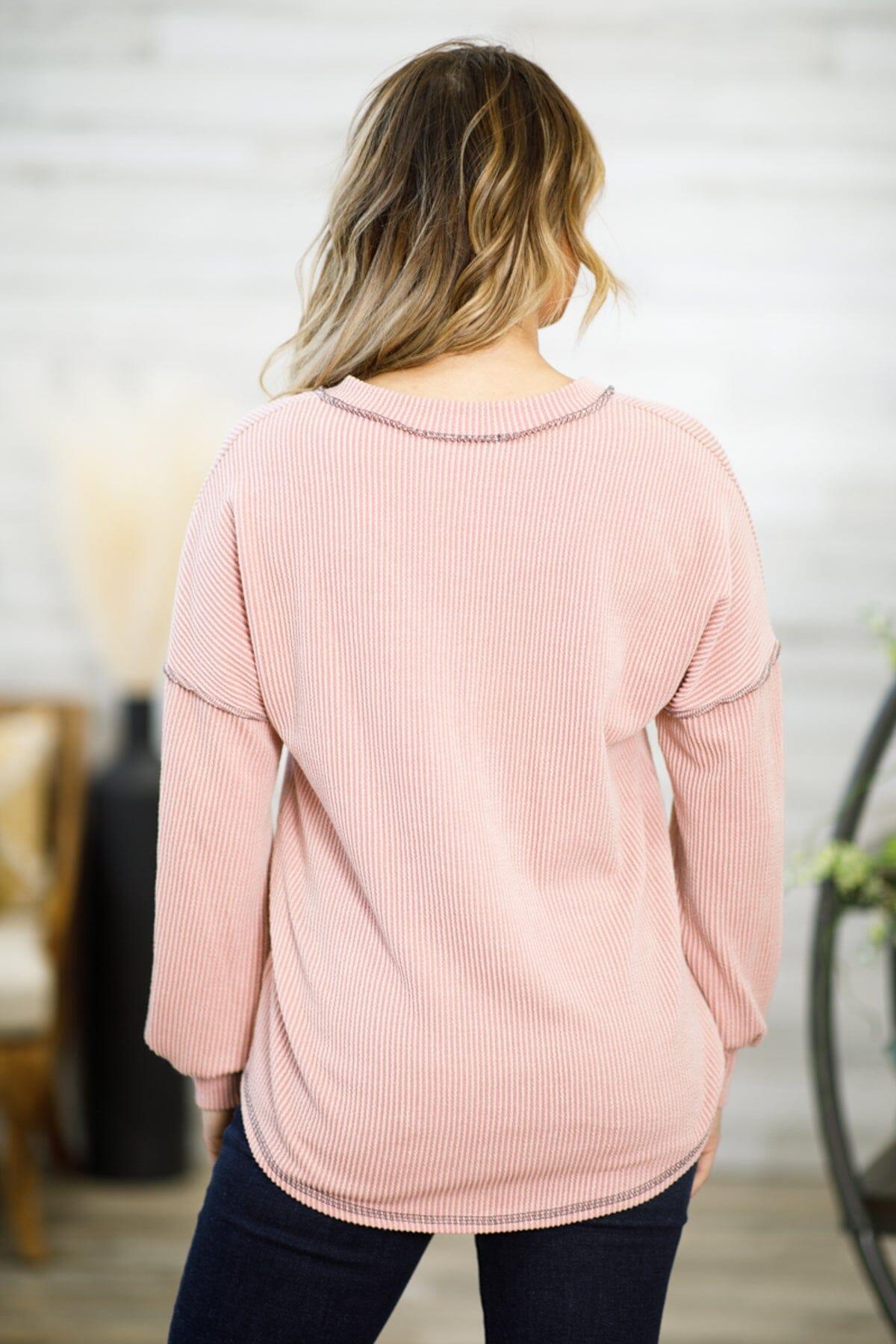Dusty Rose V-Neck Rib Knit Drop Shoulder Top Product Image