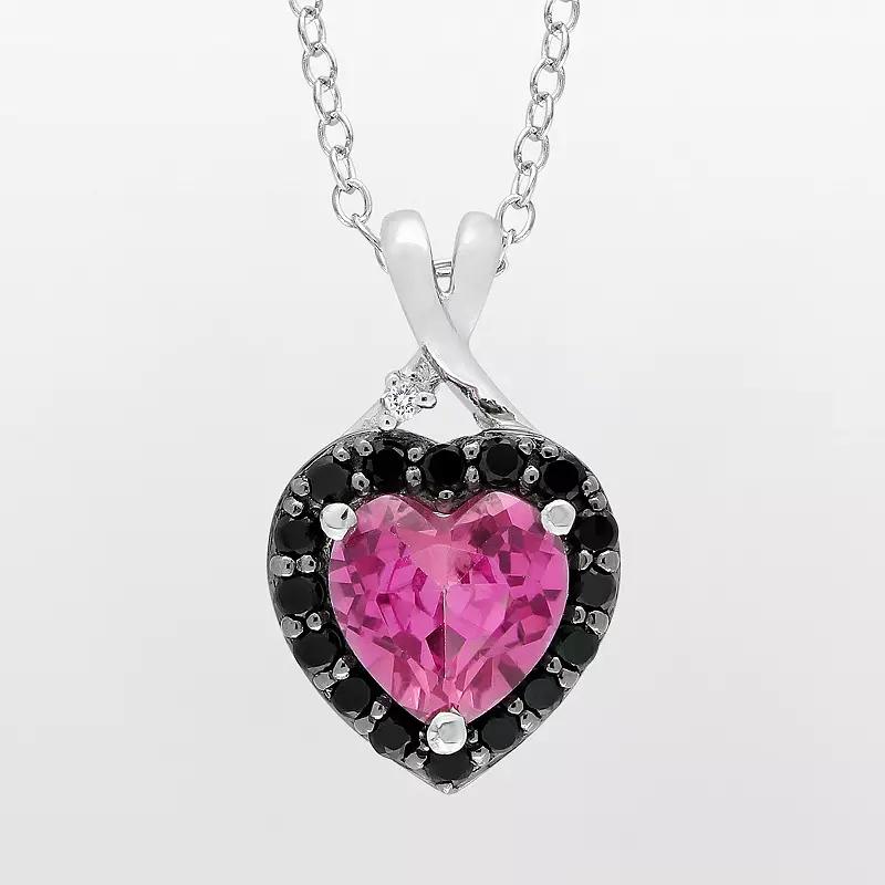 Stella Grace Sterling Silver Lab-Created Pink Sapphire, Black Spinel and Diamond Accent Heart Pendant, Womens Product Image