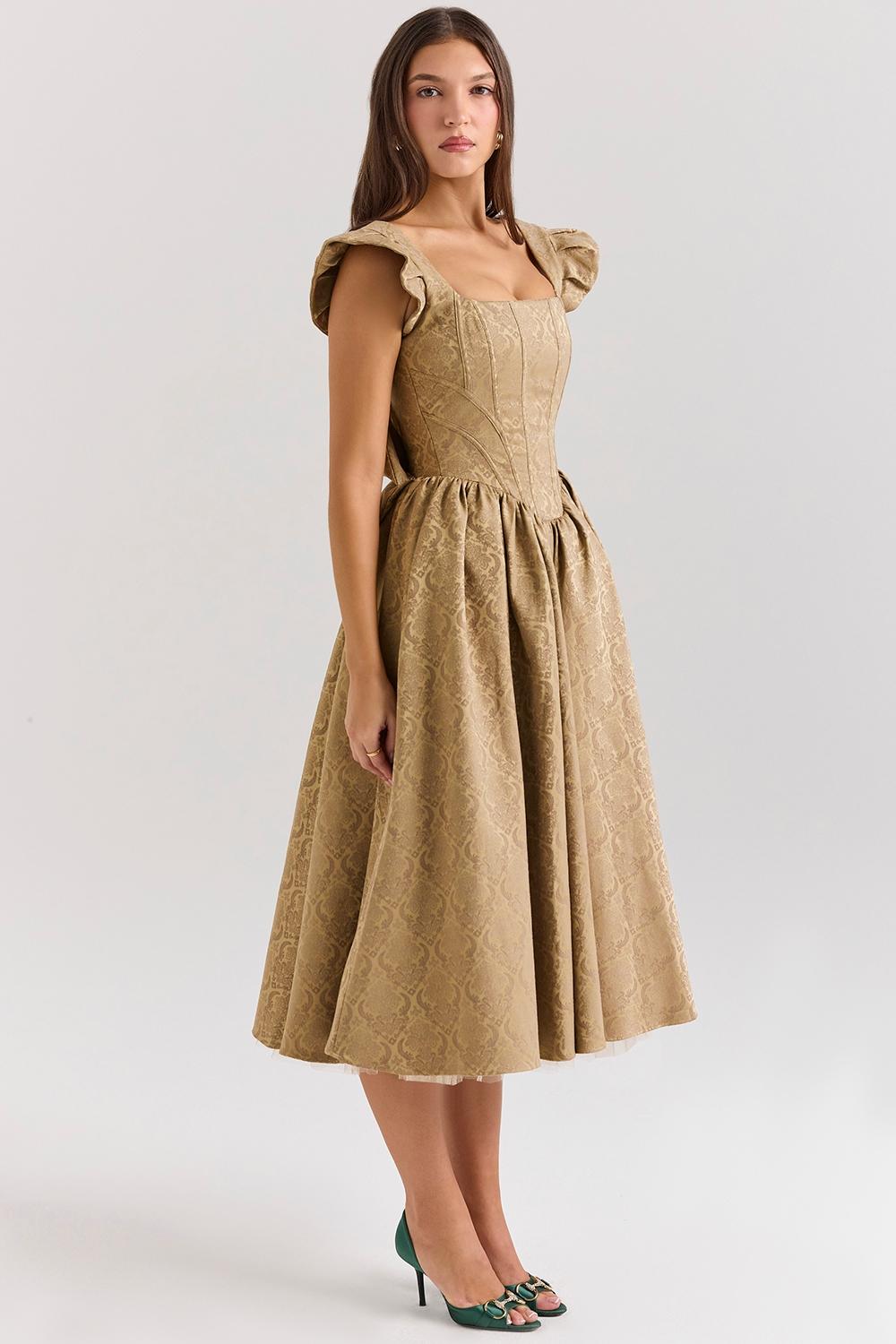 Alessandra  gold jacquard midi dress with detachable bow - sale Product Image