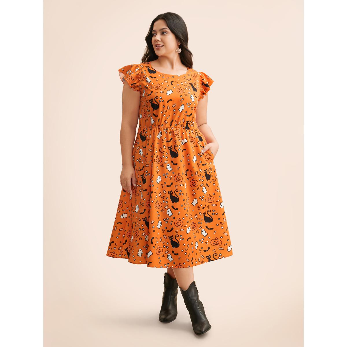 Plus Size Pumpkin Printed Ruffle Sleeves Midi Dress Brightorange Women Playful Ruffles Party Curvy Bloomchic 14-16/1X Product Image
