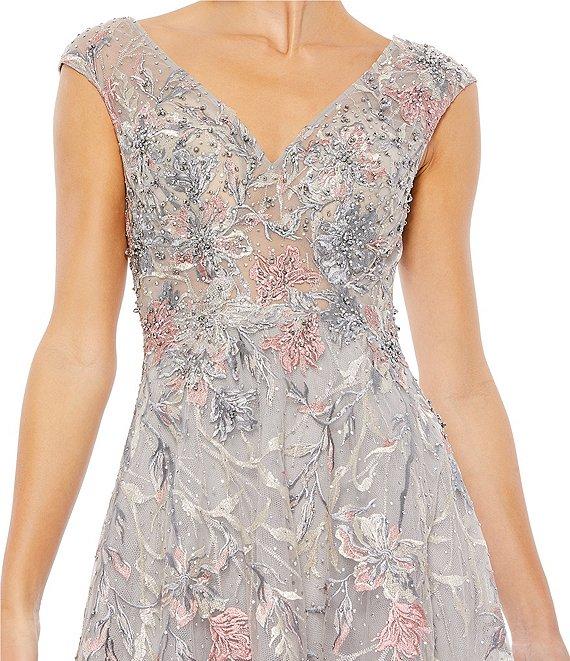Mac Duggal Floral Embroidered V-Neck Cap Sleeves A-Line Gown Product Image