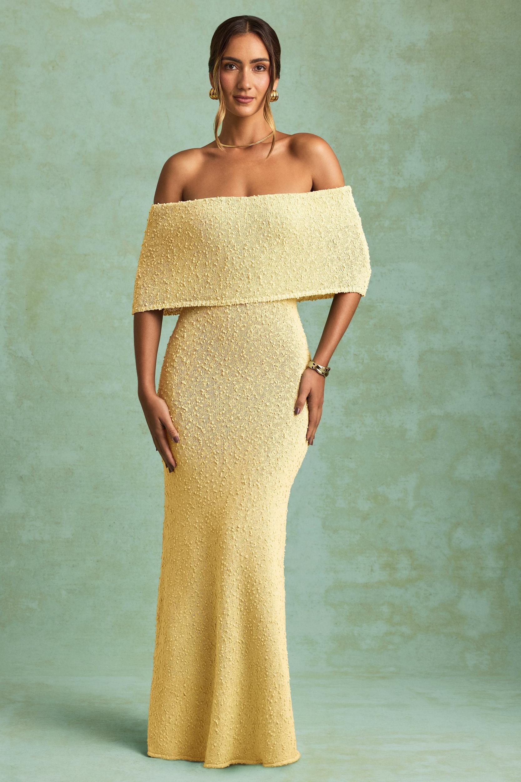 Bouclé Off-Shoulder Maxi Dress in Yellow Girls Product Image