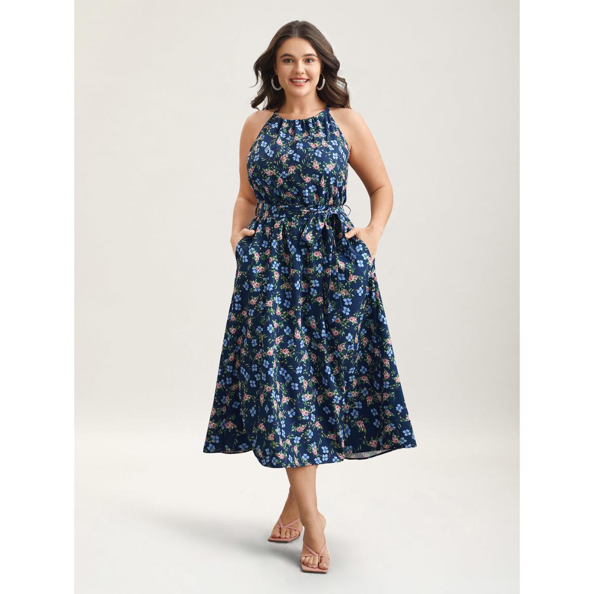 Plus Size Floral Print Belted Stretchy Waist Midi Dress Navy Women Timeless Gathered Halter neck Sleeveless Curvy BloomChic 26/4X Product Image