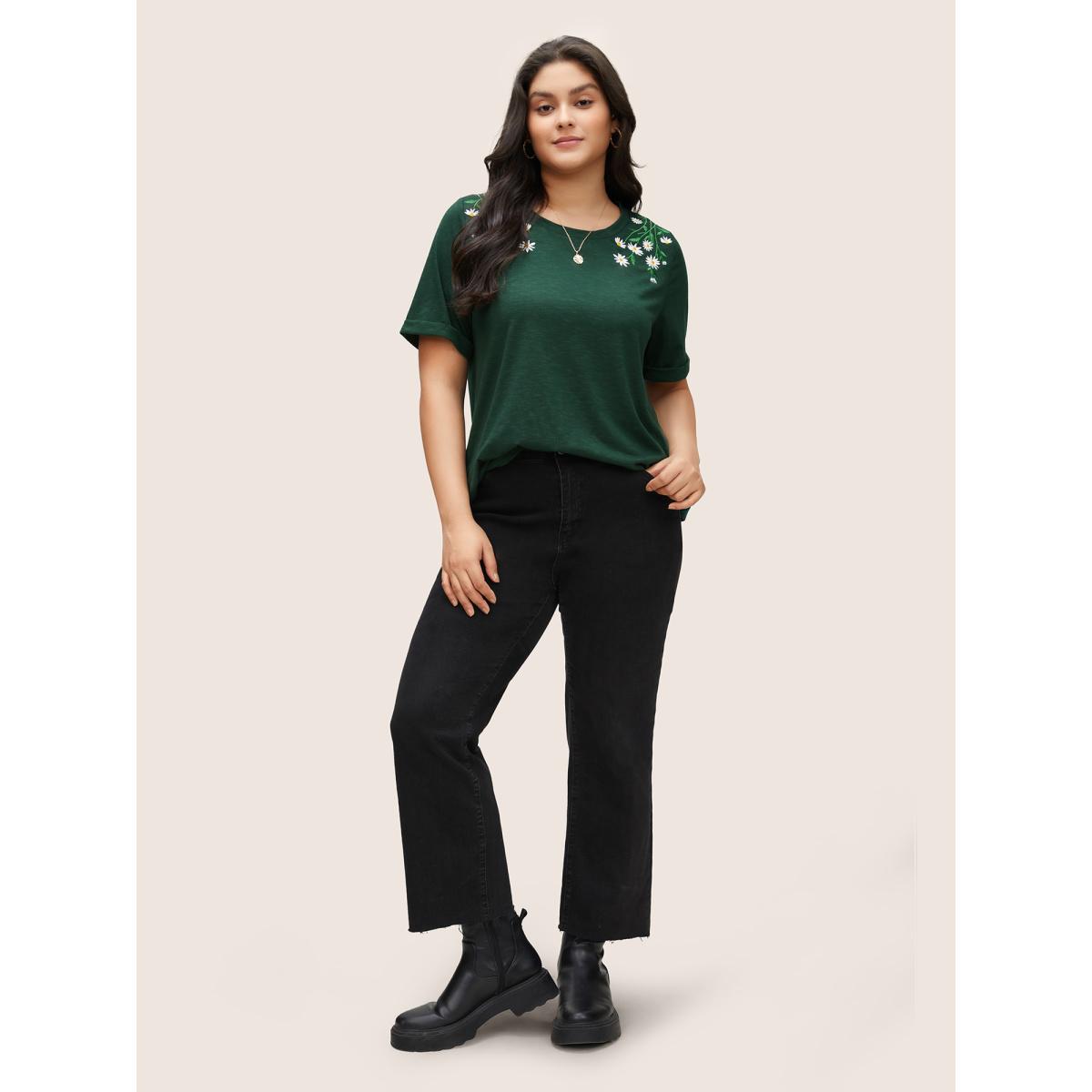 Plus Size Floral Embroidered Roll Sleeve T-shirt DarkGreen Women Elegant Roll Hem Plants Round Neck Everyday T-shirts BloomChic 30/6X Product Image