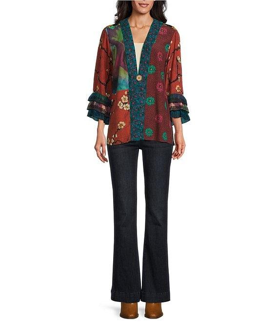John Mark Embroidered Mixed Print 3/4 Ruffled Tiered Sleeve One Button Front Kimono Product Image