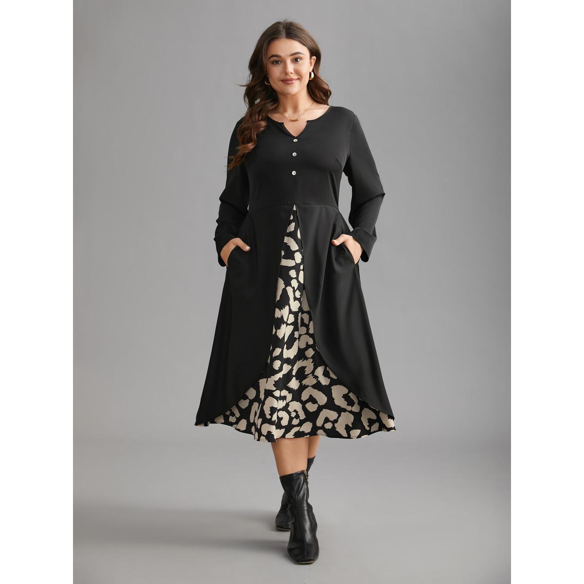 Plus Size Leopard Print Two-Piece Elastic Waist Dress Black Women Elegant Patchwork Notched collar Long Sleeve Curvy BloomChic 10/M Product Image