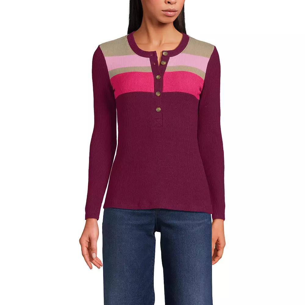 Women's Lands' End Long Sleeve Cozy Rib Henley Top, Size: XL, Rich Red Stripe Product Image