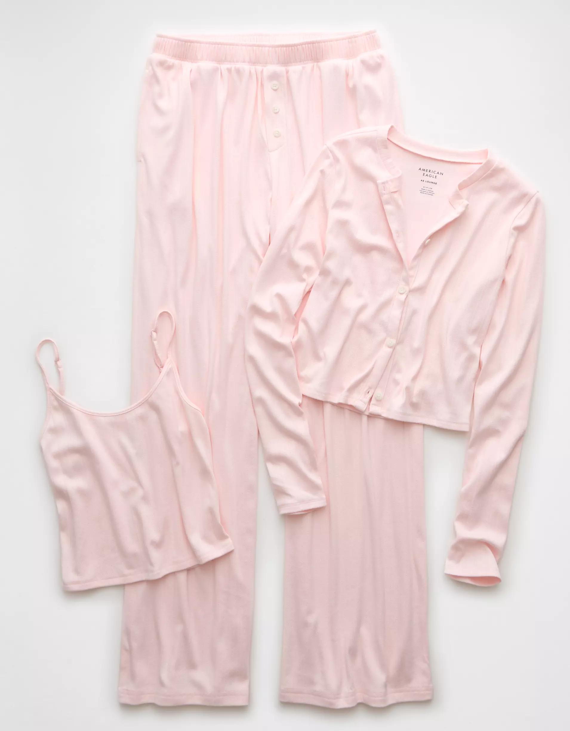 AE 3-Piece Pointelle Plush Cardigan Pajama Set Product Image