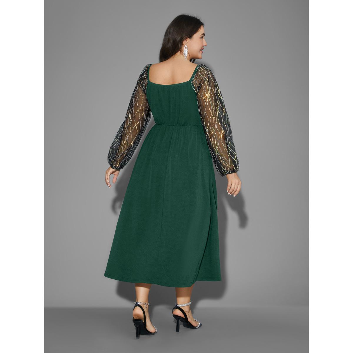 Plus Size Square Neck Patchwork Sequin Mesh Dress DarkGreen Women Cocktail Texture Party Curvy Bloomchic 10/M Product Image