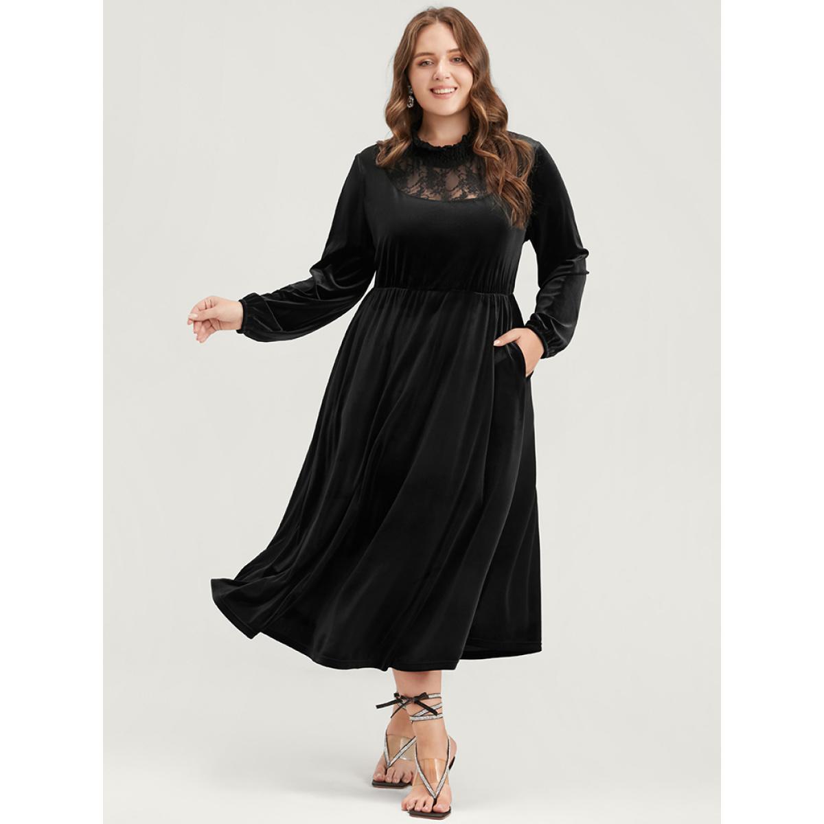 Plus Size Solid Lace Pocket Velvet Shirred Mock Neck Flutter Dress Black Women Glamour Patchwork Mock Neck Long Sleeve Curvy Midi Dress BloomChic 14-16/1X Product Image
