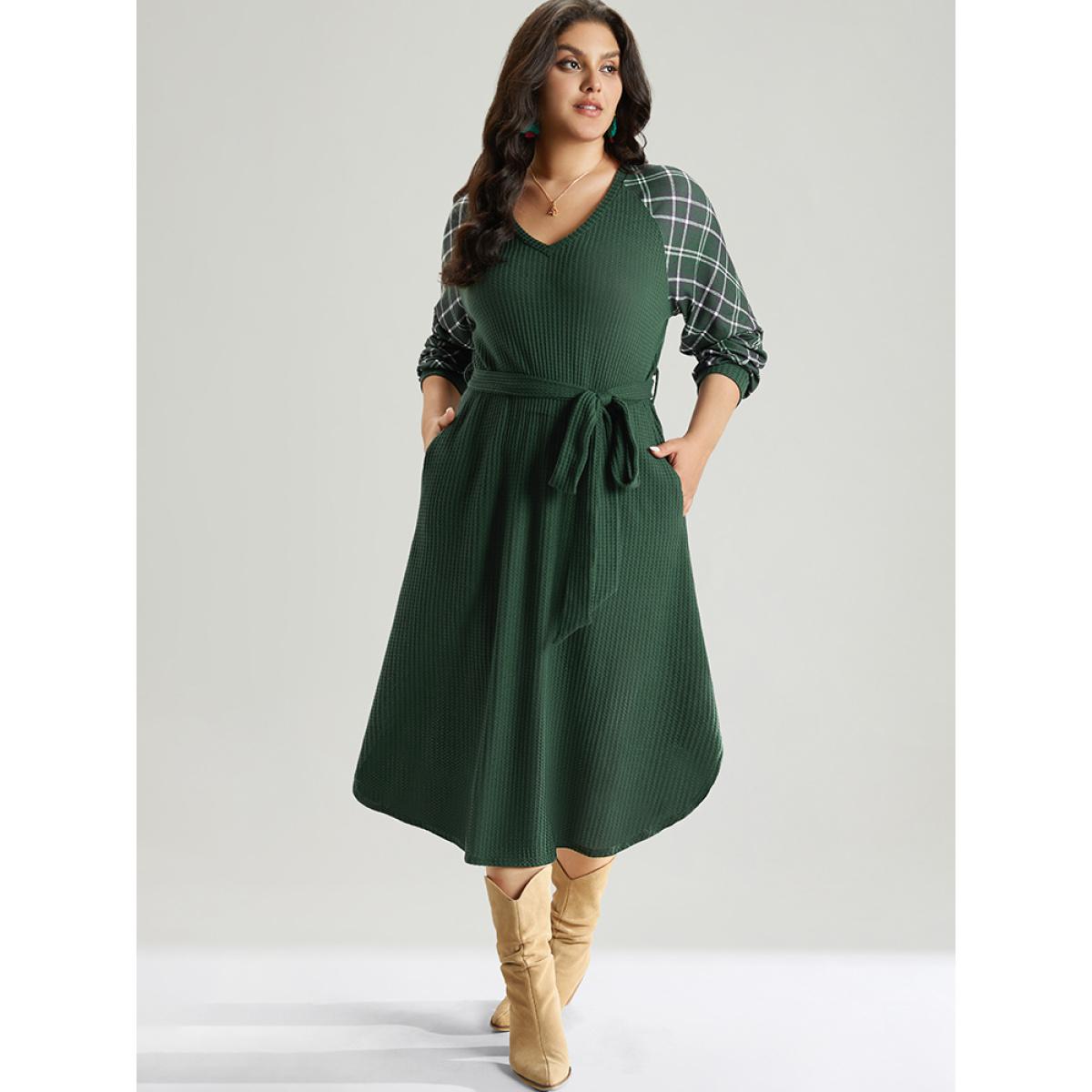 Plus Size Waffle Knit Plaid Patchwork Belted Dress DarkGreen Women Elegant Belted V-neck Long Sleeve Curvy Midi Dress BloomChic 10/M Product Image