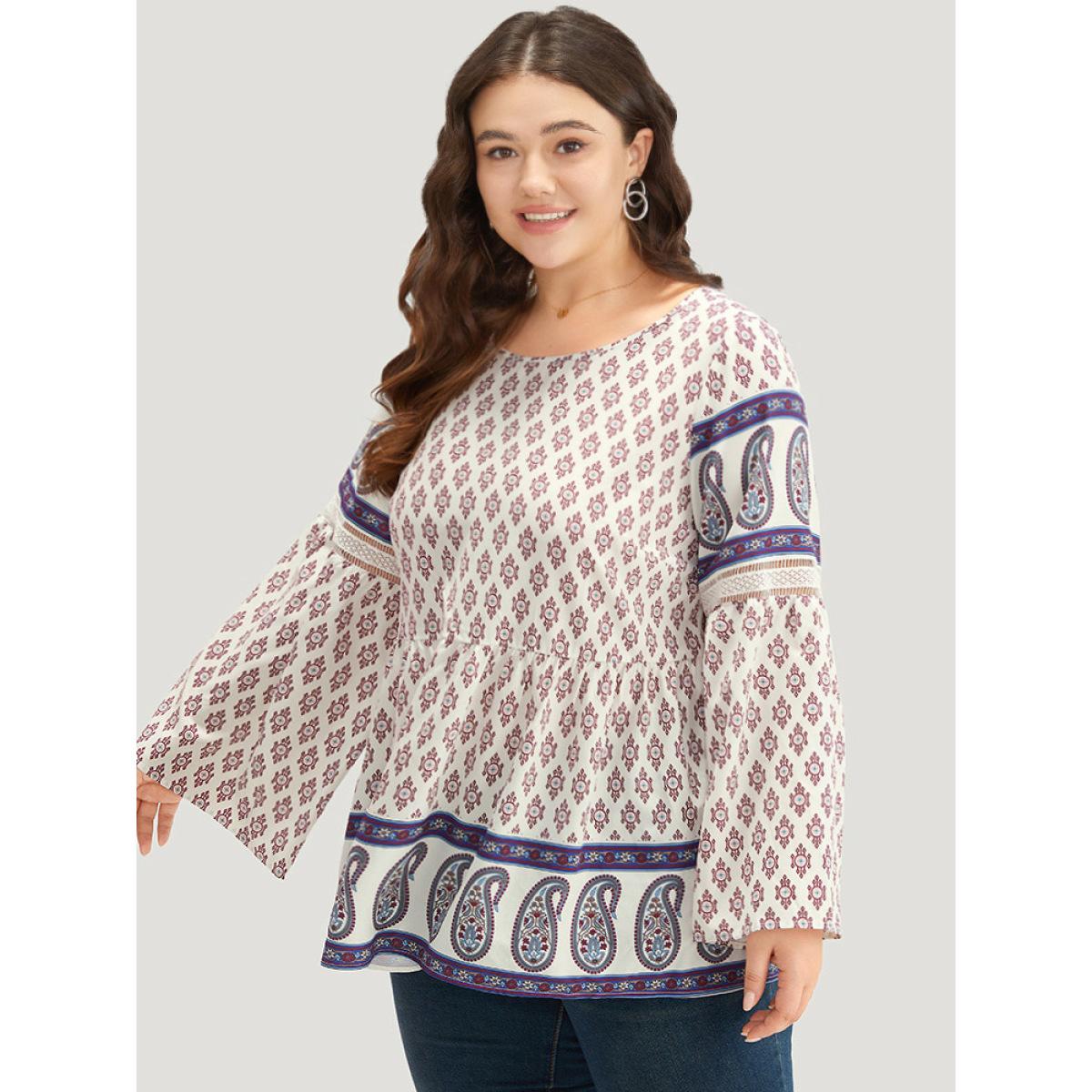 Plus Size Beige Boho Print Patchwork Lace Crew Neck Flutter Sleeve Blouse Women Vacation Long Sleeve Round Neck Vacation Blouses BloomChic 12/L Product Image