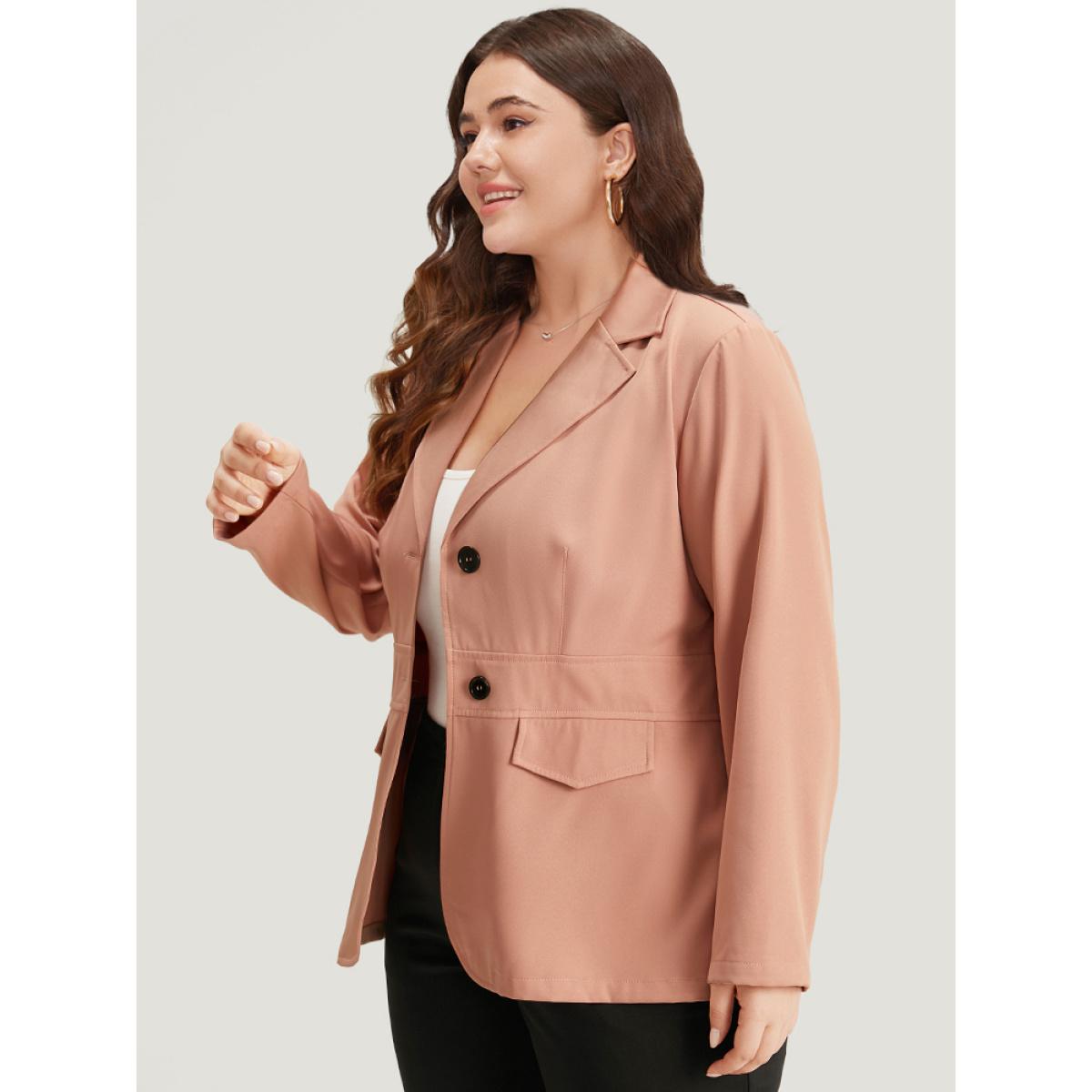Plus Size Plain Flap Pocket Button Through Blazer Crepe Women Work Plain Plain Sleeve Long Sleeve Suit Collar 14-16/1X Office Blazers BloomChic Product Image